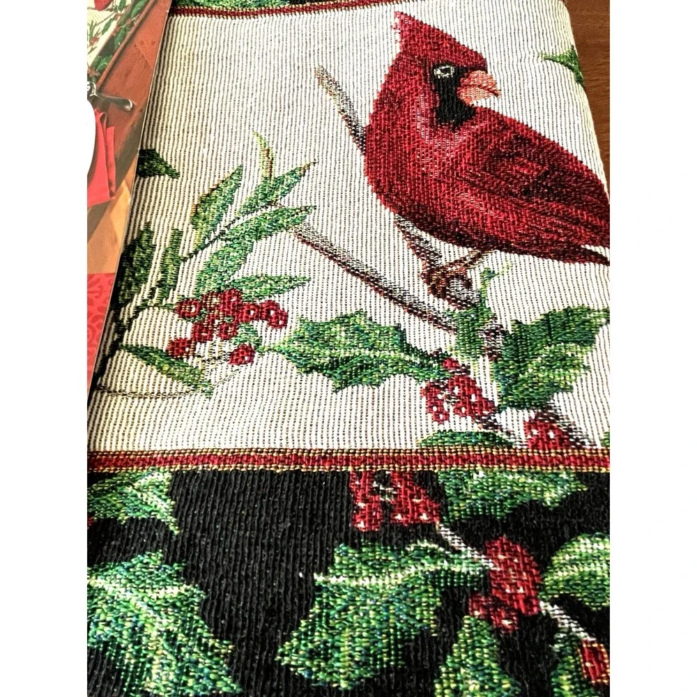 Vtg St Nicholas Square Cardinal Tapestry Christmas TABLE RUNNER & 1 Dish Towel